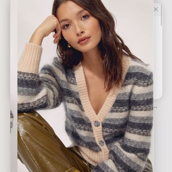 Aritzia Striped Wool Fair Isle Cardigan in Cream and Gray - Picture 2 of 15